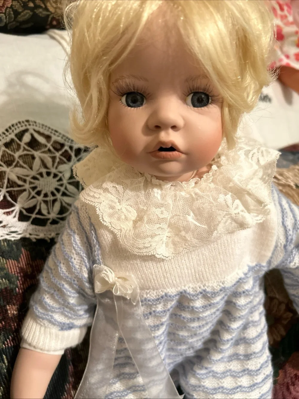 Porcelain Baby Doll in Cream & Light Blue Knit Outfit